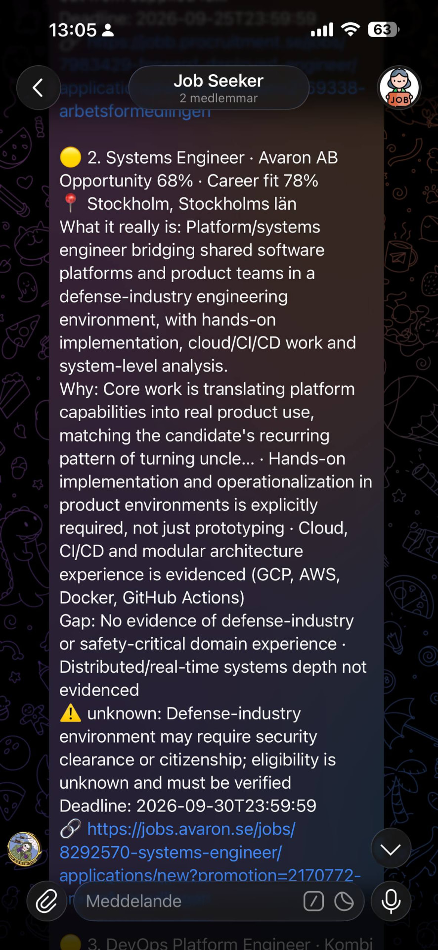 A RealFit Telegram message showing a Systems Engineer vacancy with the evidence, gaps and unknown requirements stated clearly.