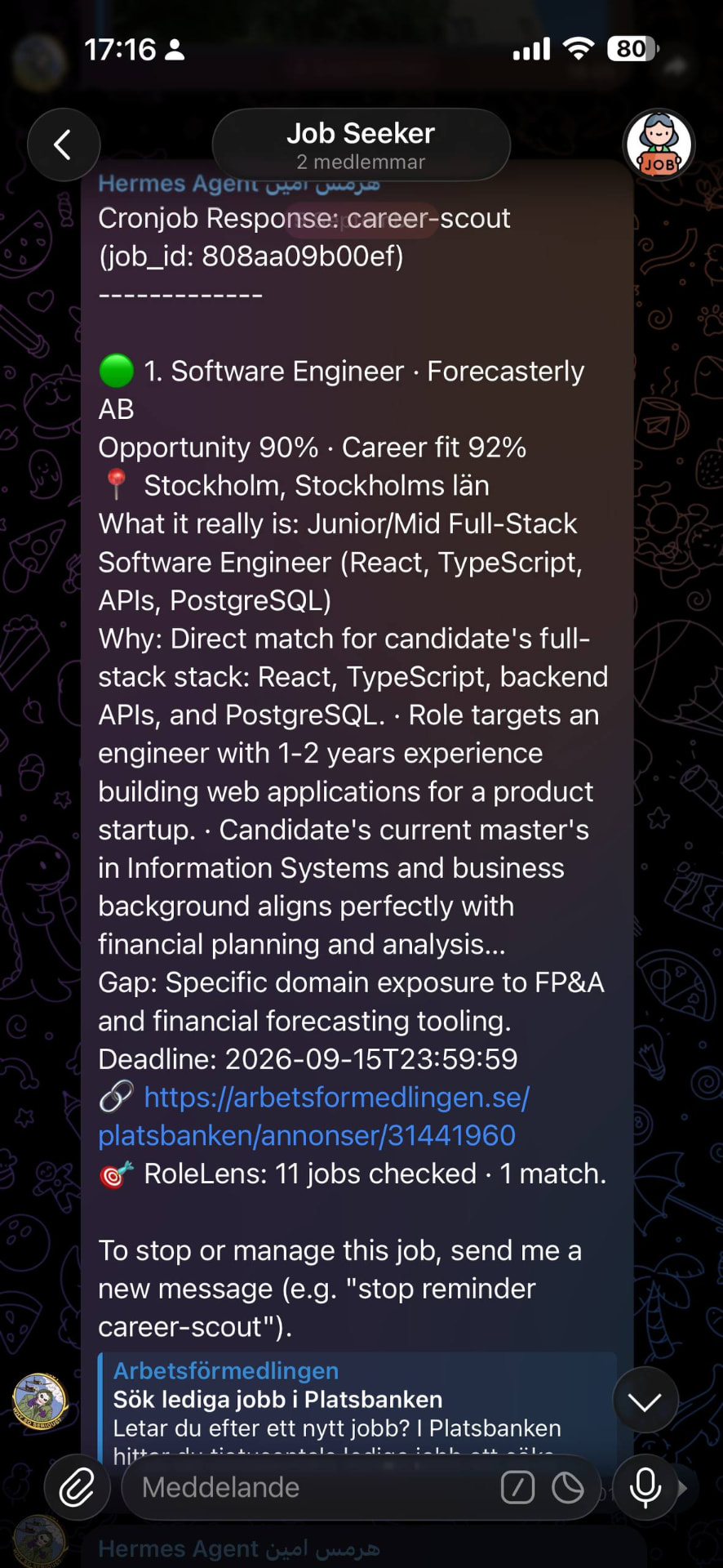 A RealFit Telegram message showing a Software Engineer vacancy with Career Fit 92 and Opportunity 90, plus an explanation of the work.